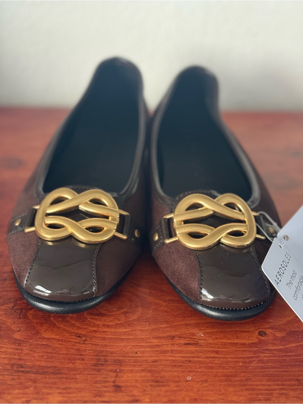 AEROSOLES Brown Leather & Suede Flats with Gold Knot Accent
